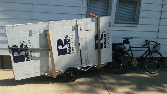 bicycle trailer carring 4x8 insulation board vertically